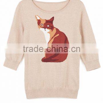 100% Cotton Knitted With Pattern Pullover Ladies Sweater