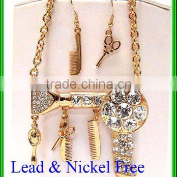 Beauty shop theme dryer brush comb mirror dangle large scissors link necklace earring set