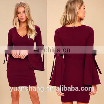 2017 wine color long sleeve beautiful lady fashion one-piece dress