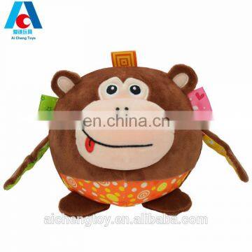 custom infant plush toy round monkey rattle stuffed toy with ring bell and ring paper