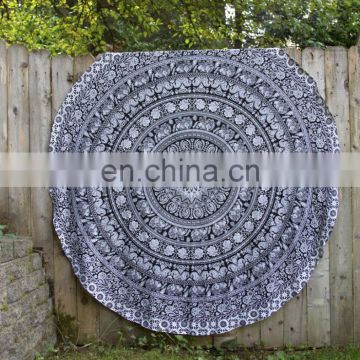 72" Indian Black Four Flower Mandala Hippie Round Roundie Tapestries Hippy Boho Gypsy Cotton Round Beach Throw Yoga Mat Tassel