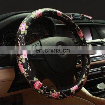 PU Leather Flower Print Automotive Steering Wheel Cover For Women