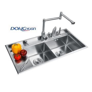 Guangdong Dongyuan Kitchenware 860×450×230mm Brushed Stainless Steel Double bowl Handmade Kitchen Sink (DY-HA454-R10)