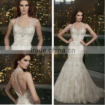 Elegant shealth sweep train slim over lace applique mermaid  wedding dresses with open back