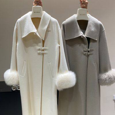 New autumn and winter sleeved fox fur double-sided woolen coat, mid-length high-end Chinese-style coat for women