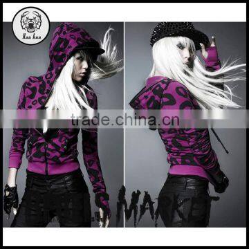 Ladies Sexy Fashion Zip Up Leopard Pattern Print Short Slim Fitted Hoodies for Women