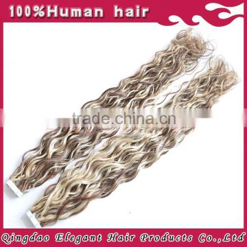 No chemical 100% peruvian virgin human hair highlight color curly tape hair extensions