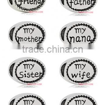 Vnistar Antique silver plated oval shped Friend & family name stamped European beads for bracelet jewelry PBD019