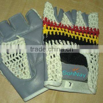 Cycle Gloves, Leather Palm, Knitted Crochet Back,