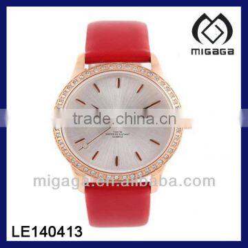 AUSTRIAN CRYSTAL BEZEL SETTING ALLOY CASE RED PU LEATHER BAND WATCH* CRYSTAL BEZEL WATCH