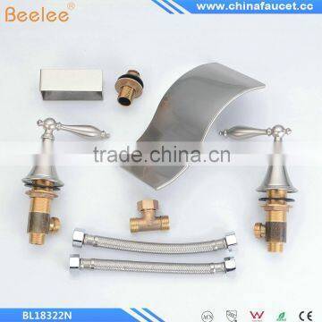 Nickel Brushed Finish Two Handles Three Holes Bathroom Waterfall Basin Mixer Vessel Faucet Tap Contemporary Waterfall Brass Quality Choice photo-6