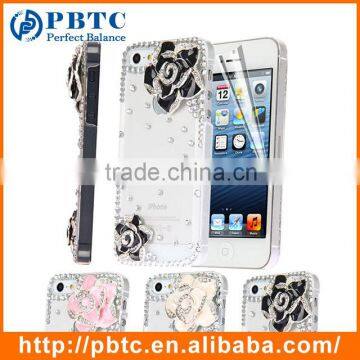 Set Screen Protector And Case For Iphone 5 , Hard Plastic Diamond Flower Beautiful Mobile Phone Back Cover
