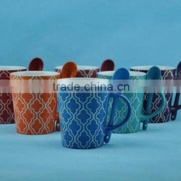 2014 color glazed stoneware coffee mug with spoon