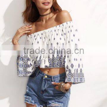 SheIn Latest Blouse In Fashion Tassel Tie Off The Shoulder Cutting Crop Blouse