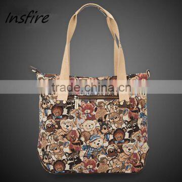 high density cotton bear print canvas shopping bag canvas blank handbags with long straps