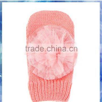Pink Plain Knitted Cotton Hand Gloves Mitten With Flower