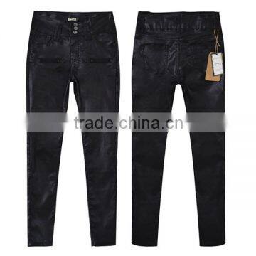 2016 Autumn Fashion Women Metal Button Belt Loop Black Sexy Tight Trousers Ladies High Waist PU Leather Skinny Slimming Pants