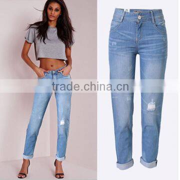 2016 Summer Fashion Women Middle Waist Ripped Jean Pants Ladies Torn Vintage Monkey Wash Latest Jeans Model