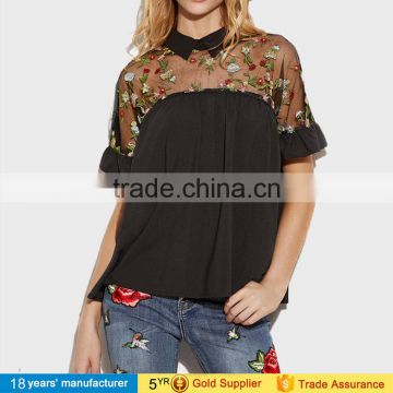 2017 Summer Tops Black Flower Embroidered Sheer Neck Ruffle Cuff Tie Back Top Woman Short Sleeve Vintage Blouse