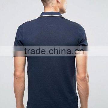 Short Sleeve Ribbed Collar and Sleeve Twin Tip Side Slits Navy Men's 100% Cotton Breathable Pique 200g Blank Casual Polo T-Shirt photo-2
