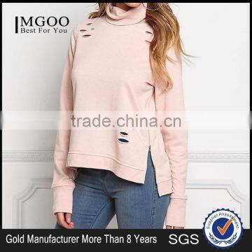 MGOO Customized Pink Distressd Hoodies For Ladies 100 Cotton Terry Tops Turtle neck Long Sleeves sweatshirts