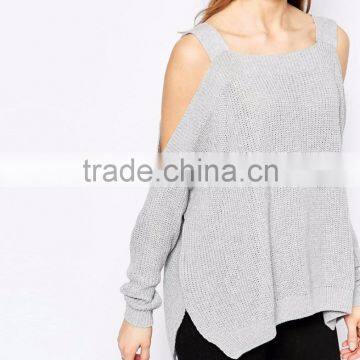Sweater With Cold Shoulder And Side Splits For Women Light Weight Ladies Custom Gray Knitted Sweaters Loose photo-4