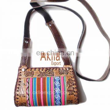 Handmade Embossed Leather Handbag With Aguayo Blanket photo-5