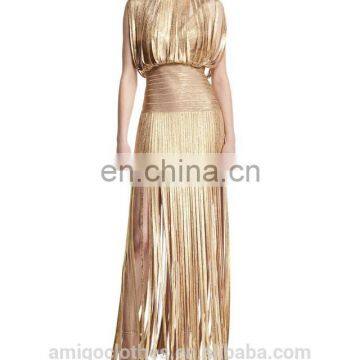 Amigo 2017 New Style Selena Foil Draped Bandage Dress Tassel Backless Bandage Gown Maxi Dress