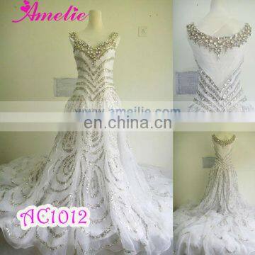 Real sample Long train crystal wedding dress