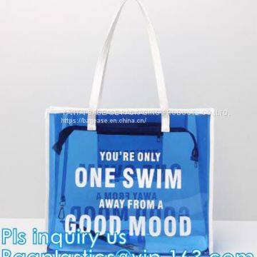 PVC Tote Shopper Square Handbag Ladies Shoulder Beach Bag, pvc waterproof shoulder beach bag with two bags, handle shoul