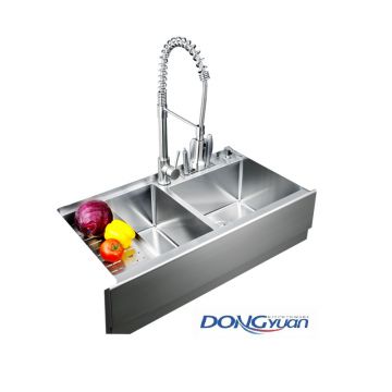 Guangdong Dongyuan Kitchenware 820×470×220mm Satin Stainless Steel Double bowl Farmhouse Apron Front Kitchen Sink (DY-HA471-824723-R10)