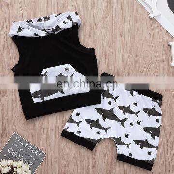 2019 summer kids cotton shark print hoodies top tshirt & baby animal pp pants shorts 2pc set