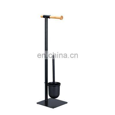 Free Standing Black Metal Toilet Clean Brush Holders Set with Bamboo Paper Holder