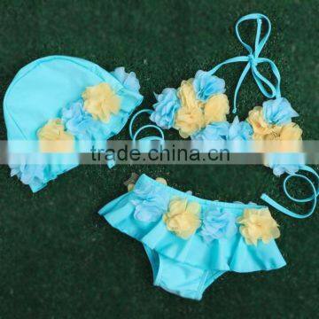 competitive girls yellow and blue sky flower bikini swimsuit+hat fashion children bathers beachwear kids beach wear cover up