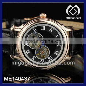 Policemen's leather band watch 2 see through window large skeleton mechanical wrist watch