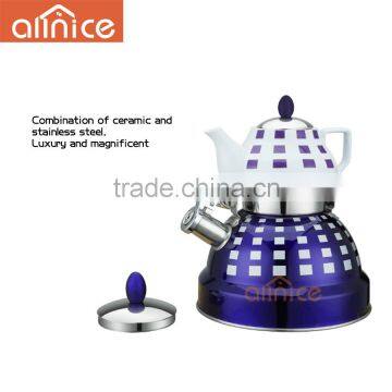 ss201 good price 2.7L Turkey style stainless steel two-layers water kettle/with ceramic kettle pot/ cups of tea pot