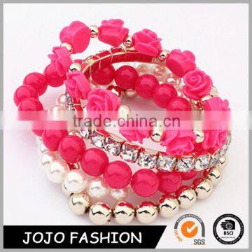 Rose Flower Round Faux Pearl Crystal Elastic Pretty Bracelet Bangle