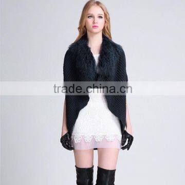 New Product Fashion Ladies Knitted Wool Poncho with Mongolian Fur Collar Wool Poncho