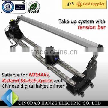 Take up reel system with tention bar for banner printer