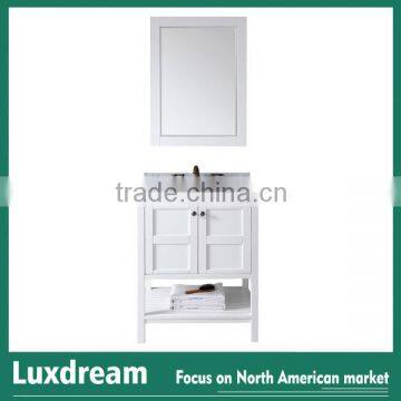 24 inch white matte bathroom vanity with marble top wooden shelf