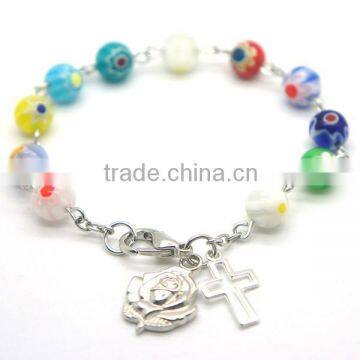 azure glass beads bracelet with Lobster Claps,rose and hollow cross