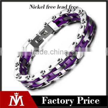 Purple silicone men motor cycle chain stainless steel bracelet