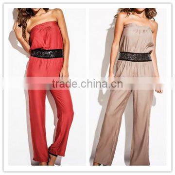 New sexy women backless BEJEWELED SEQUIN WAIST COLOR BLOCK STRAPLESS club party JUMPSUIT OEM cheap