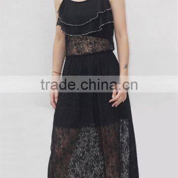 Fashional lady cross back straps lace maxi dress