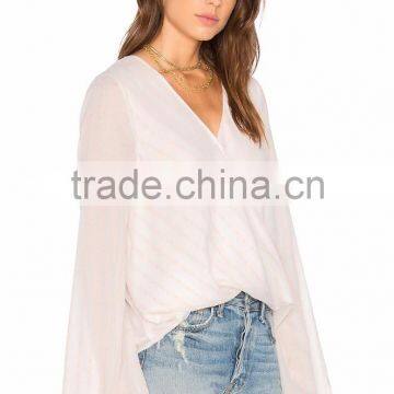 Latest Design Women Wrap Top Long Bell Sleeve Smart Lady Tops and Blouses photo-3