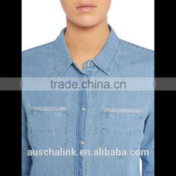 2016 New Arrival Ladies Long Sleeve Blue Denim Shirt OEM Service photo-4