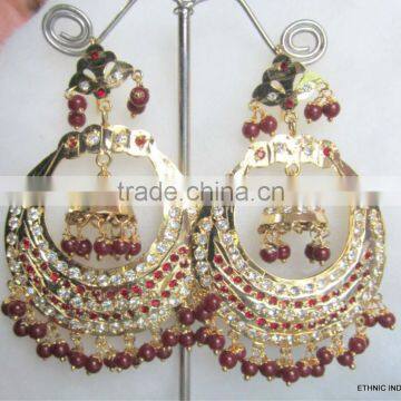 maroon beads Gold plated Jadau pearl temple dangler EARRINGS