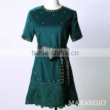 2015 High Quality Fashion Leather and Lace Splicing Vintage Style Dress With Belt photo-2