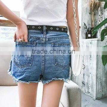 Latest Design Raw Hem Short Denim Jeans Pants for Women Fashion Ripped Shorts With Eyelets photo-3
