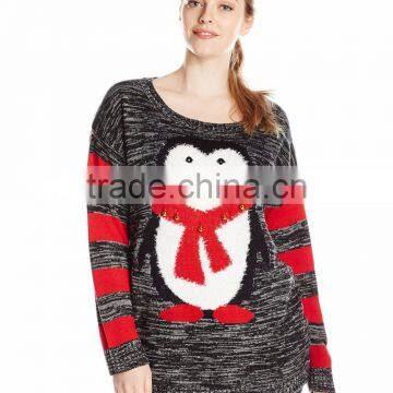 Women Grey Sweater Penguin Pattern Christmas Pullover Sweater